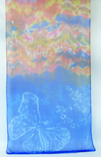Load image into Gallery viewer, Silk Chiffon Scarf Blue Butterfly Sunrise