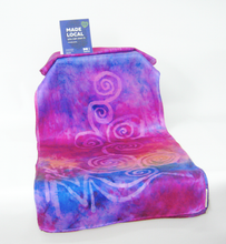 Load image into Gallery viewer, silk_scarf_in_colours_pink_purple_with_shades_of_blue_also a_hint_of_golden_yellow_with_the_made_local_sign_included_in_picture