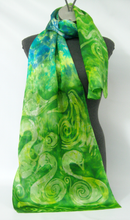 Load image into Gallery viewer, Silk Satin scarf Swans in Greens
