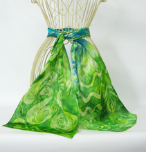 Load image into Gallery viewer, Silk Satin scarf Swans in Greens