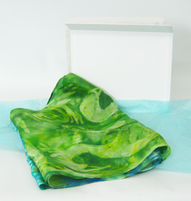 Load image into Gallery viewer, Silk Satin scarf Swans in Greens