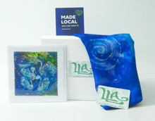 Load image into Gallery viewer, a_gift_set_featuring_hand_painted_silk_scarf_with_Celtic_design_and_a_hand_made_card_from_an_original_silk_painting_by_Louise_inspired_by_the_Celtic_story_the_Children_of_Lir