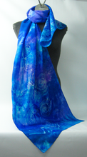Load image into Gallery viewer, fashionable_blue_silk_neck_scarf_in_shades_of_blue_with_a_Celtic_spiral_design