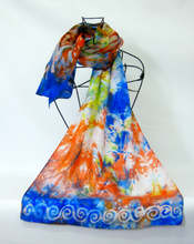 Load image into Gallery viewer, Silk Scarf Celtic Orange Blue Skies