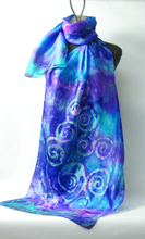 Load image into Gallery viewer, hand_painted_silk_scarf_with_celtic_design_in_blues_aqua_green_and_purple_lilac