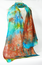Load image into Gallery viewer, Silk Scarf The Curlew Earthy Red and Green Aqua