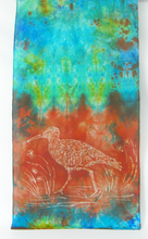 Load image into Gallery viewer, Silk Scarf The Curlew Earthy Red and Green Aqua