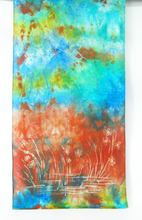 Load image into Gallery viewer, Silk Scarf The Curlew Earthy Red and Green Aqua