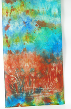 Load image into Gallery viewer, Silk Scarf The Curlew Earthy Red and Green Aqua