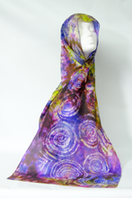 Load image into Gallery viewer, Silk Scarf Hand Painted Lilac and Greeny Gold Celtic