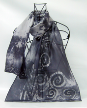 Load image into Gallery viewer, Silk Scarf Hand Painted Grey and White Spirals