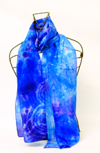 Load image into Gallery viewer, Silk Scarf Blue and Purple Spirals