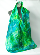 Load image into Gallery viewer, Hand Painted Silk Scarf Emerald Spiral