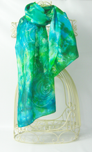 Load image into Gallery viewer, Hand Painted Silk Scarf Emerald Spiral