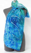 Load image into Gallery viewer, Silk Scarf Fringed Celtic Fish in Aqua and Teal