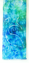 Load image into Gallery viewer, Silk Scarf Fringed Celtic Fish in Aqua and Teal