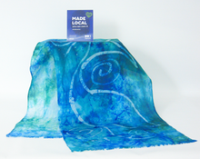 Load image into Gallery viewer, Silk Scarf Fringed Celtic Fish in Aqua and Teal