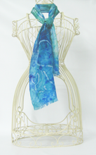 Load image into Gallery viewer, Silk Scarf Fringed Celtic Fish in Aqua and Teal