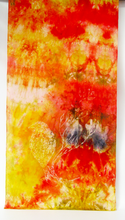 Load image into Gallery viewer, A_silk_painting_featuring_a_vibrant_blend_of_red_orange_yellow_and_white_with_subtle_textured_brushstrokes_depicting_the_gold_finch