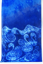 Load image into Gallery viewer, silk_shawl_in_blue_with_The_Children_of_Lir_design_against_a_white_background_a_perfect_Irish_gift_idea_for_big_birthdays_and_retirements_and_anniversaries