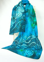 Load image into Gallery viewer, A_silk_shawl_hand_painted_by_Louise_Loughman_draped_over_a_wire_mannequinn_against_a_white_background_a_dramatic_fashion_statemant