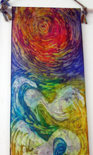 Load image into Gallery viewer, swirling_firey_sun_with_four_swans_lots_of_brush_marks