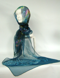 Fine Silk Chiffon Scarf Teal Butterfly