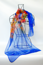 Load image into Gallery viewer, Silk Chiffon Scarf Blue Butterfly Sunrise
