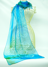 Load image into Gallery viewer, Silk Chiffon Scarf Spirals in Turquoise and Green
