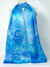 Load image into Gallery viewer, Pale_turquoise_scarf_with_a_hand_painted_Celtic_design_done_in_the_art_of_batik_by_Louise_Loughman_artist_a_lovely_gift_idea_for_anniversaries
