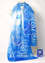 Load image into Gallery viewer, A_luxury_silk_satin_scarf_in_Pale_blue_with_a_Celtic_design_a_big_birthday_gift_idea
