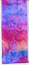 Load image into Gallery viewer, silk_scarf_showing_full_design_spirals_and_chevrons_inspired_by_the stone_carving_designs_found_at_newgrange
