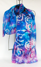 Load image into Gallery viewer, A Silk Satin Scarf Blue Magenta Celtic
