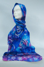 Load image into Gallery viewer, A Silk Satin Scarf Blue Magenta Celtic
