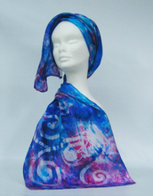Load image into Gallery viewer, A Silk Satin Scarf Blue Magenta Celtic
