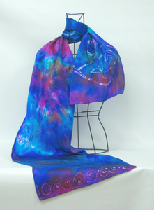 A Hand Painted Silk Satin Scarf Celtic Aurora Blue