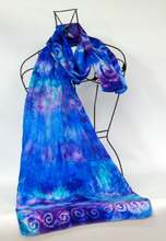 Load image into Gallery viewer, A Hand Painted Silk Satin Scarf Celtic Blue Lilac Haze
