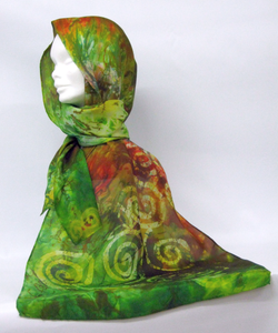 hand_painted_green_scarf_with_yellow_spirals_and_copper_blends