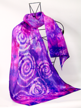 Load image into Gallery viewer, Pink_and_purple_scarf_with_celtic_design_with_white_background
