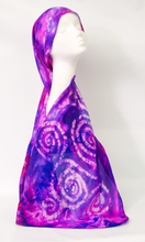 Load image into Gallery viewer, Purple_and_pink_scarf_with_spirals_on_a_mannequinn_with_a white_background
