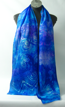 Load image into Gallery viewer, blue_silk_scarf_with_Celtic_design_in_shades_of_blue_and_turquoise_a_lovely_gift_idea_from_Ireland
