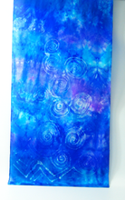 Load image into Gallery viewer, blue_silk_scarf_with_Celtic_pattern_inspired_by_the_stone_carvings_found_at_Newgrange_an_ancient_design_with_a_contemporary_feel
