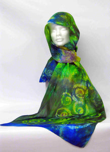 A Hand Painted Silk Scarf Celtic Greens with vibrant blue edge