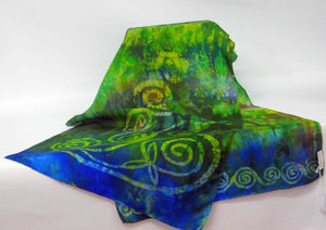A Hand Painted Silk Scarf Celtic Greens with vibrant blue edge