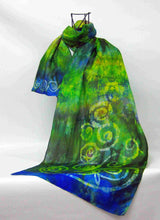 Load image into Gallery viewer, A Hand Painted Silk Scarf Celtic Greens with vibrant blue edge
