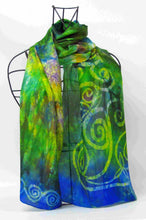 Load image into Gallery viewer, A Hand Painted Silk Scarf Celtic Greens with vibrant blue edge

