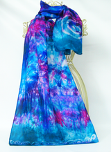 Load image into Gallery viewer, hand_painted_silk_draped_over_a_wire_mannequin_with_a_dramatic_batik_hand_dyed_effect_a_lovely-fashion_accessory
