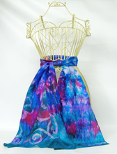 Load image into Gallery viewer, original_wearable_silk_art_tied_around_a_wire_mannequinn_a_versatile_scarf_in_front_of_a_white_background
