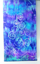 Load image into Gallery viewer, long_silk_neck_scarf_with_hand_painted_wax_design_inspired_by_the_stone_carvings_at_Newgrange
