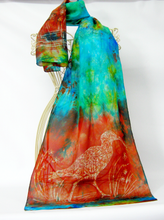 Load image into Gallery viewer, Silk Scarf The Curlew Earthy Red and Green Aqua
